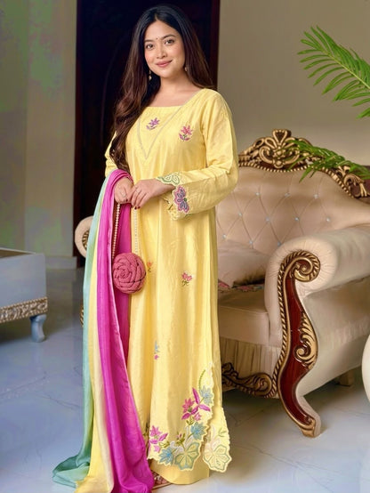 Pastel Yellow Floral Embroidered Silk Straight Suit Set with Multicolor Dupatt