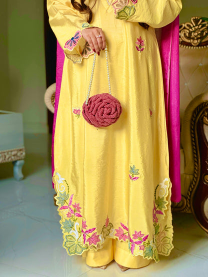 Pastel Yellow Floral Embroidered Silk Straight Suit Set with Multicolor Dupatt