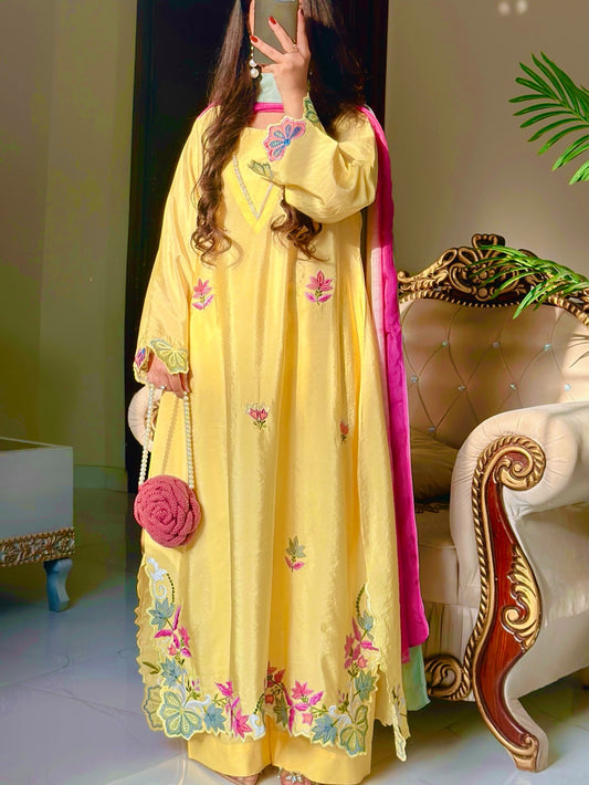 Pastel Yellow Floral Embroidered Silk Straight Suit Set with Multicolor Dupatt