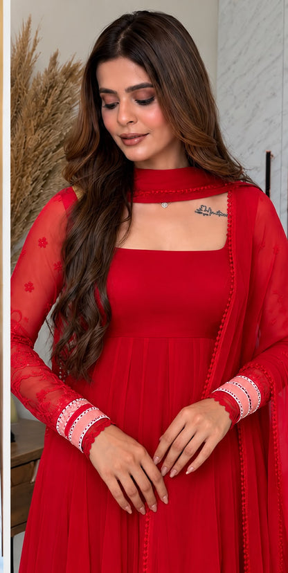 Red Faux Georgette Embroidered Anarkali Gown with Dupatta Set
