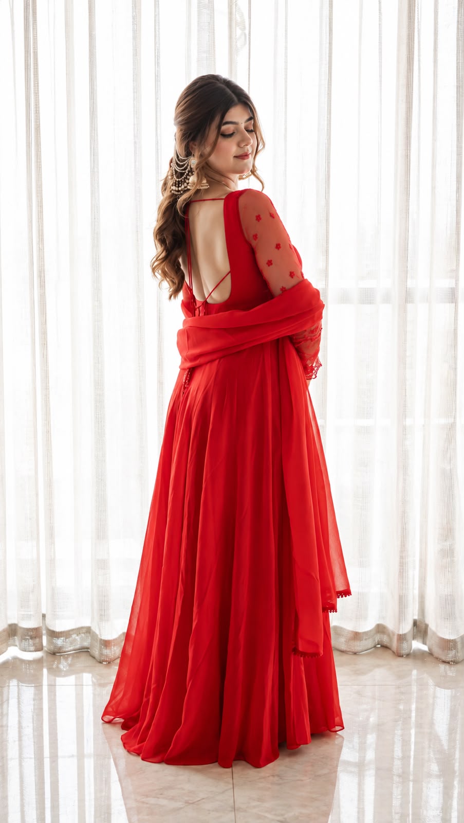 Red Faux Georgette Embroidered Anarkali Gown with Dupatta Set