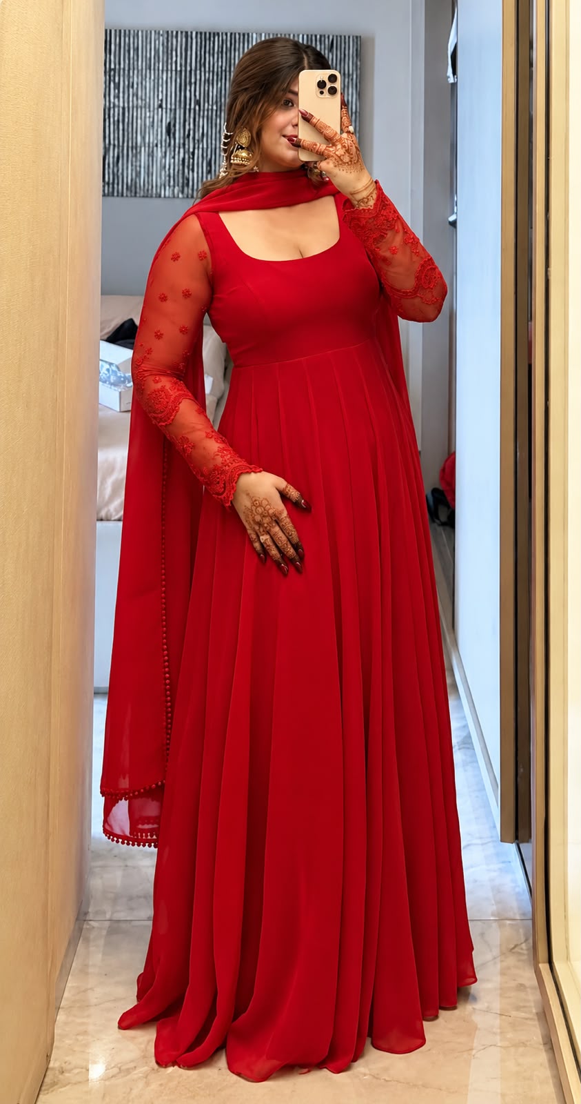 Red Faux Georgette Embroidered Anarkali Gown with Dupatta Set