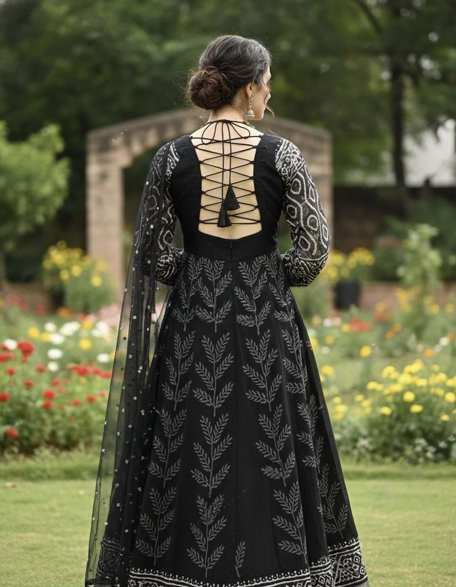 Printed & Embroidered Net Anarkali Suit with Flared Bottom