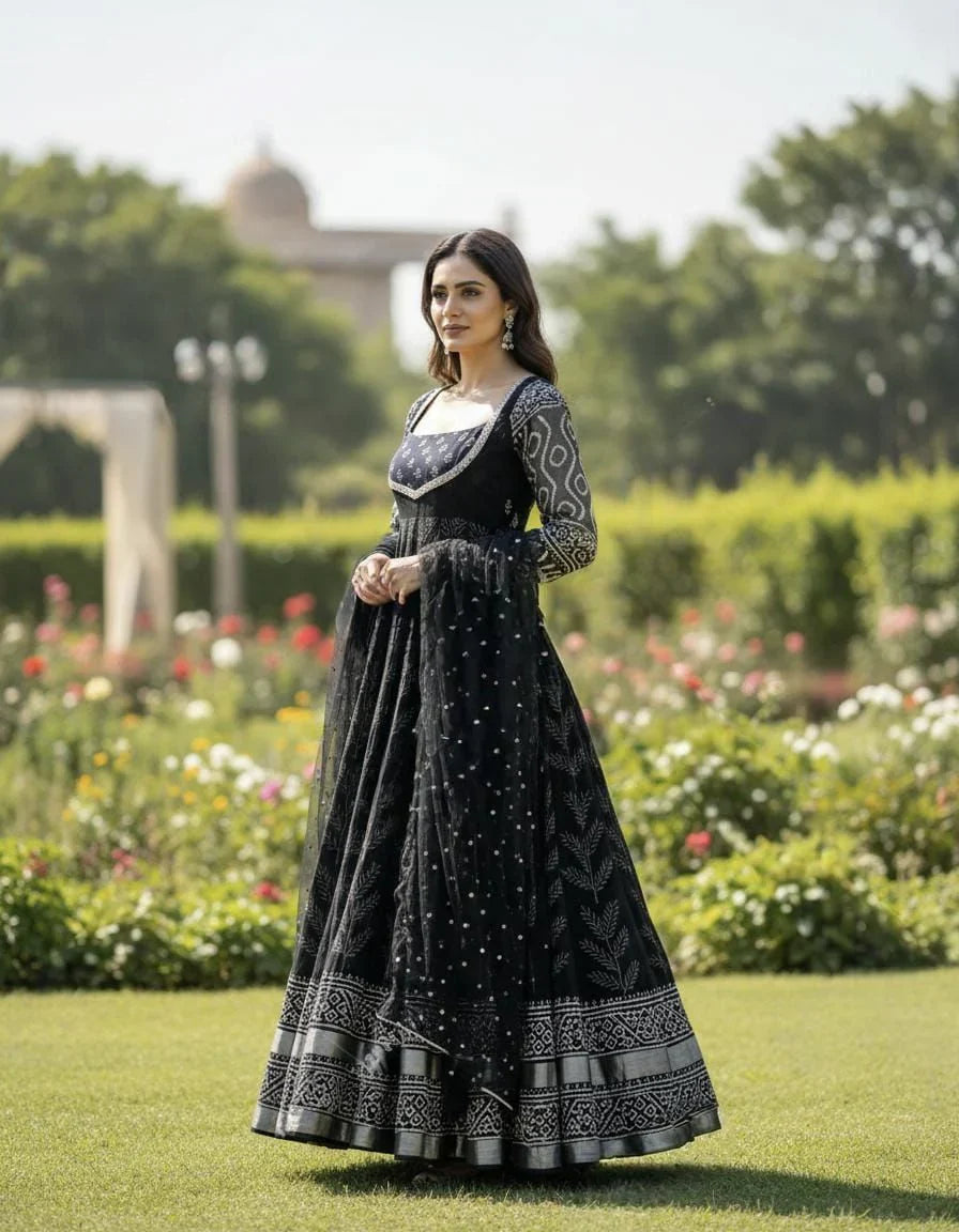 Printed & Embroidered Net Anarkali Suit with Flared Bottom