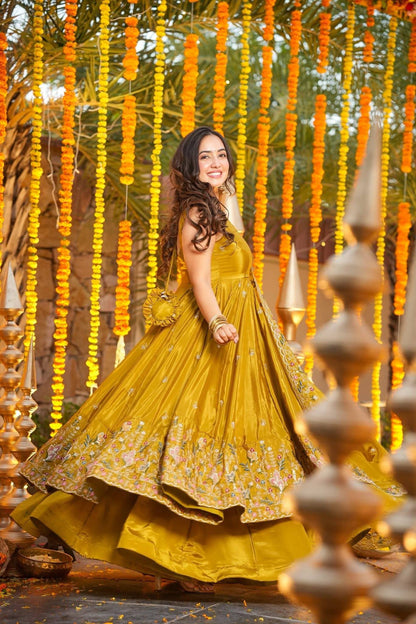 Ocira Mustard Silk Anarkali Suit Set