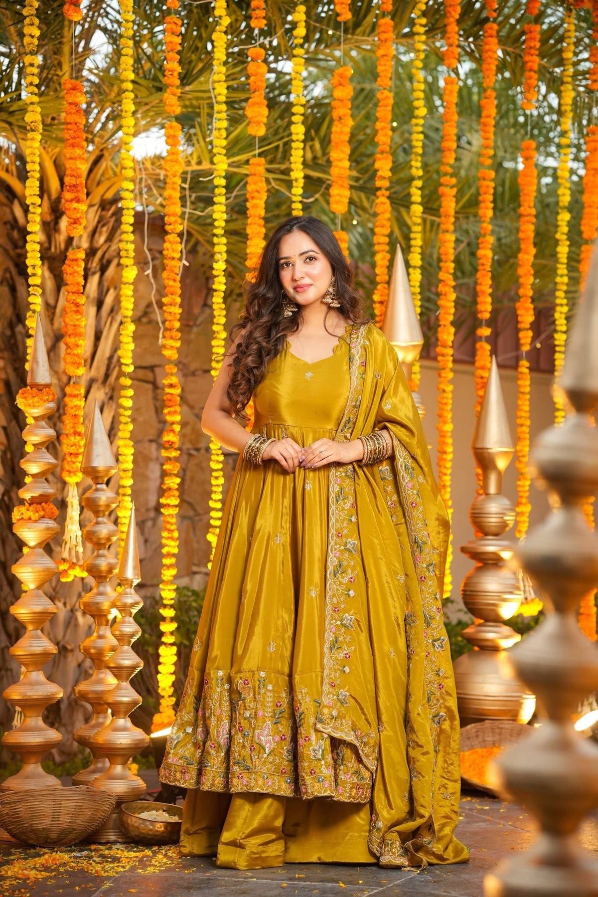 Ocira Mustard Silk Anarkali Suit Set