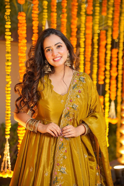Ocira Mustard Silk Anarkali Suit Set