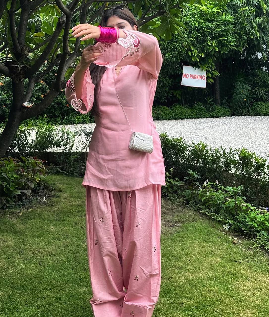 Pastel Pink Floral Embroidered Cotton Straight Kurta with Farshi salwar