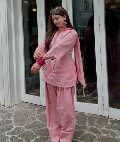 Pastel Pink Floral Embroidered Cotton Straight Kurta with Farshi salwar