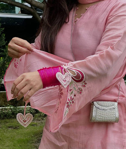 Pastel Pink Floral Embroidered Cotton Straight Kurta with Farshi salwar