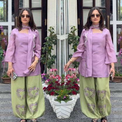 Lavender & Pastel Green Embroidered Rayon Blend Kurta with Matching Pants