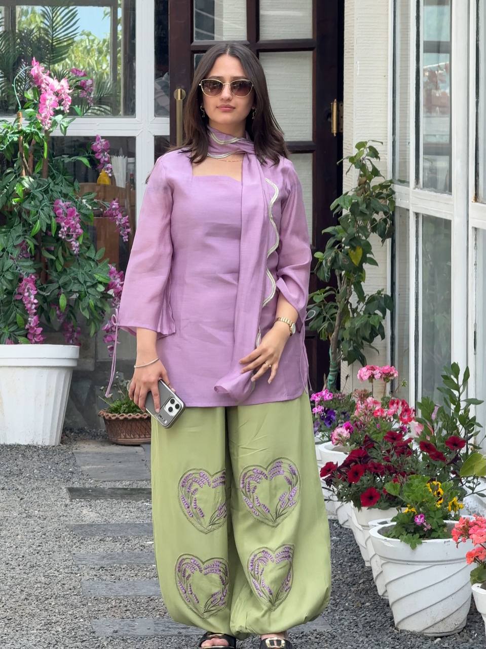 Lavender & Pastel Green Embroidered Rayon Blend Kurta with Matching Pants
