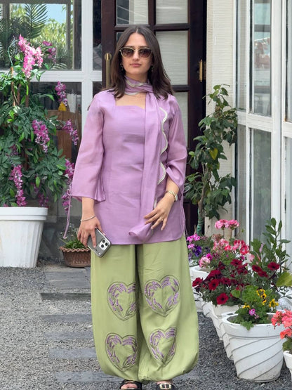 Lavender & Pastel Green Embroidered Rayon Blend Kurta with Matching Pants