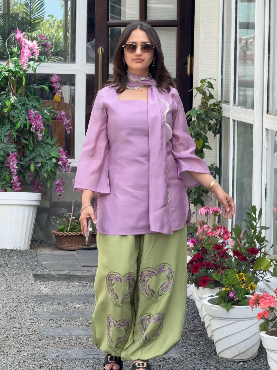 Lavender & Pastel Green Embroidered Rayon Blend Kurta with Matching Pants