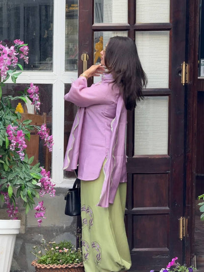 Lavender & Pastel Green Embroidered Rayon Blend Kurta with Matching Pants