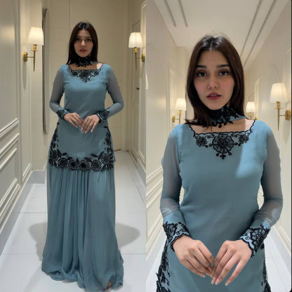Sky Blue Faux Georgette Embroidered Straight Kurta with Sharara & Dupatta Set