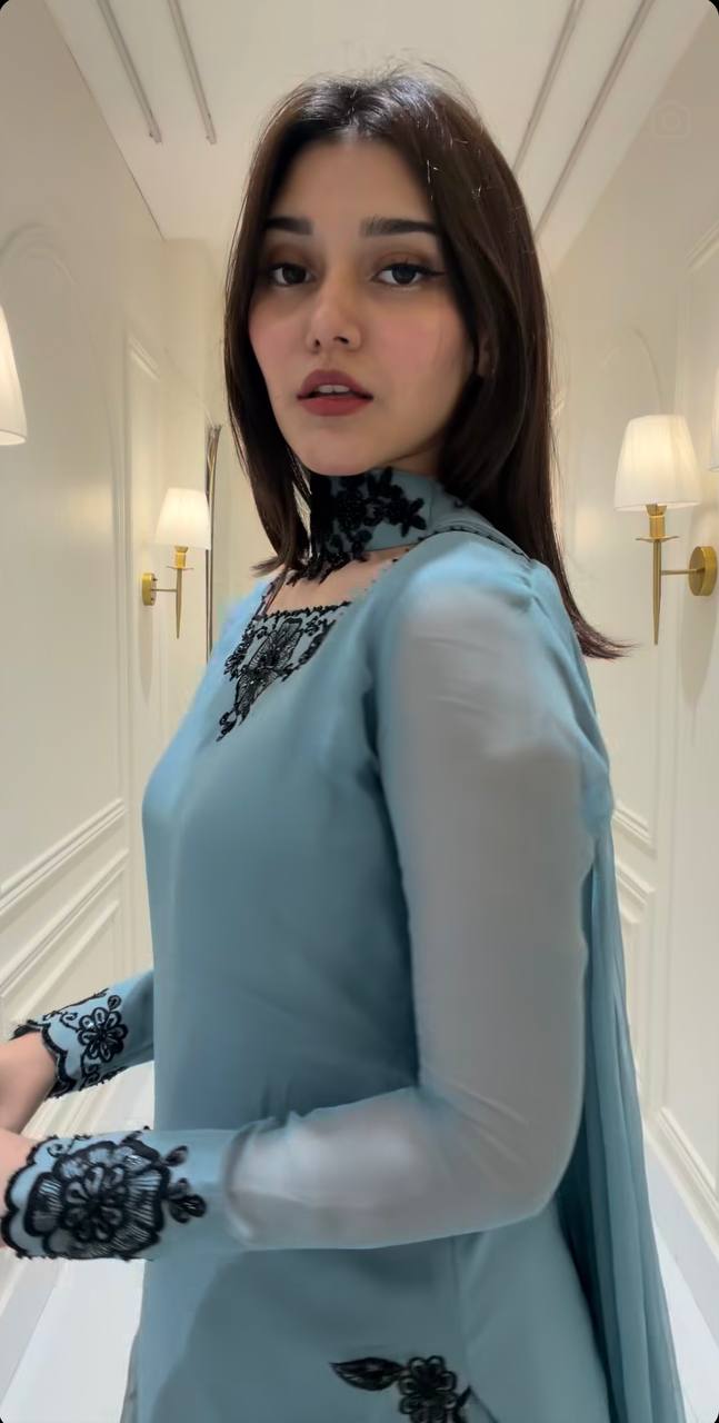 Sky Blue Faux Georgette Embroidered Straight Kurta with Sharara & Dupatta Set