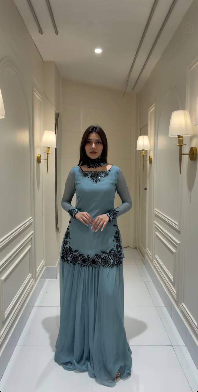 Sky Blue Faux Georgette Embroidered Straight Kurta with Sharara & Dupatta Set