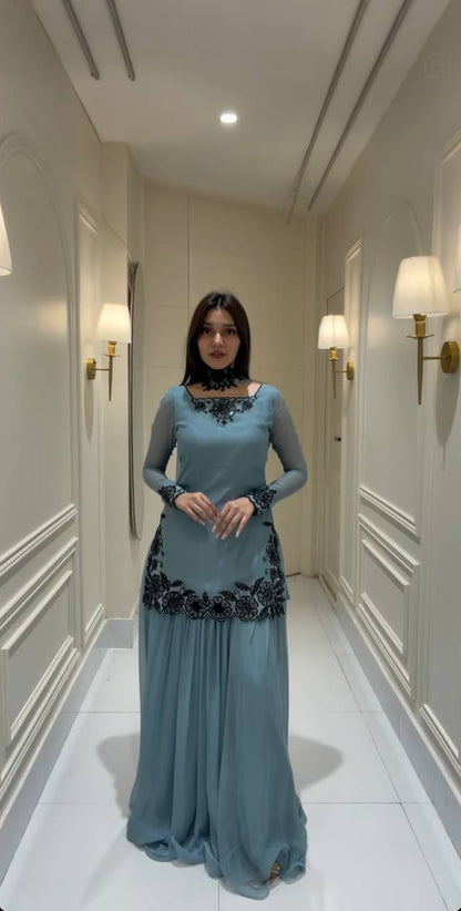 Sky Blue Faux Georgette Embroidered Straight Kurta with Sharara & Dupatta Set