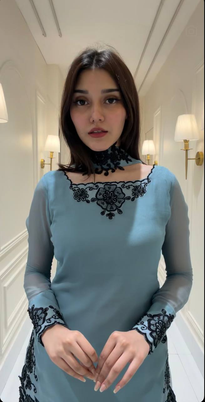 Sky Blue Faux Georgette Embroidered Straight Kurta with Sharara & Dupatta Set