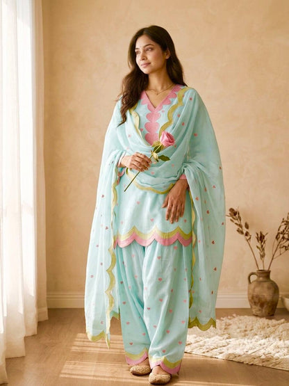 Pastel Mint Blue & Green Embroidery thread Work Farshi Salwar Suit Set