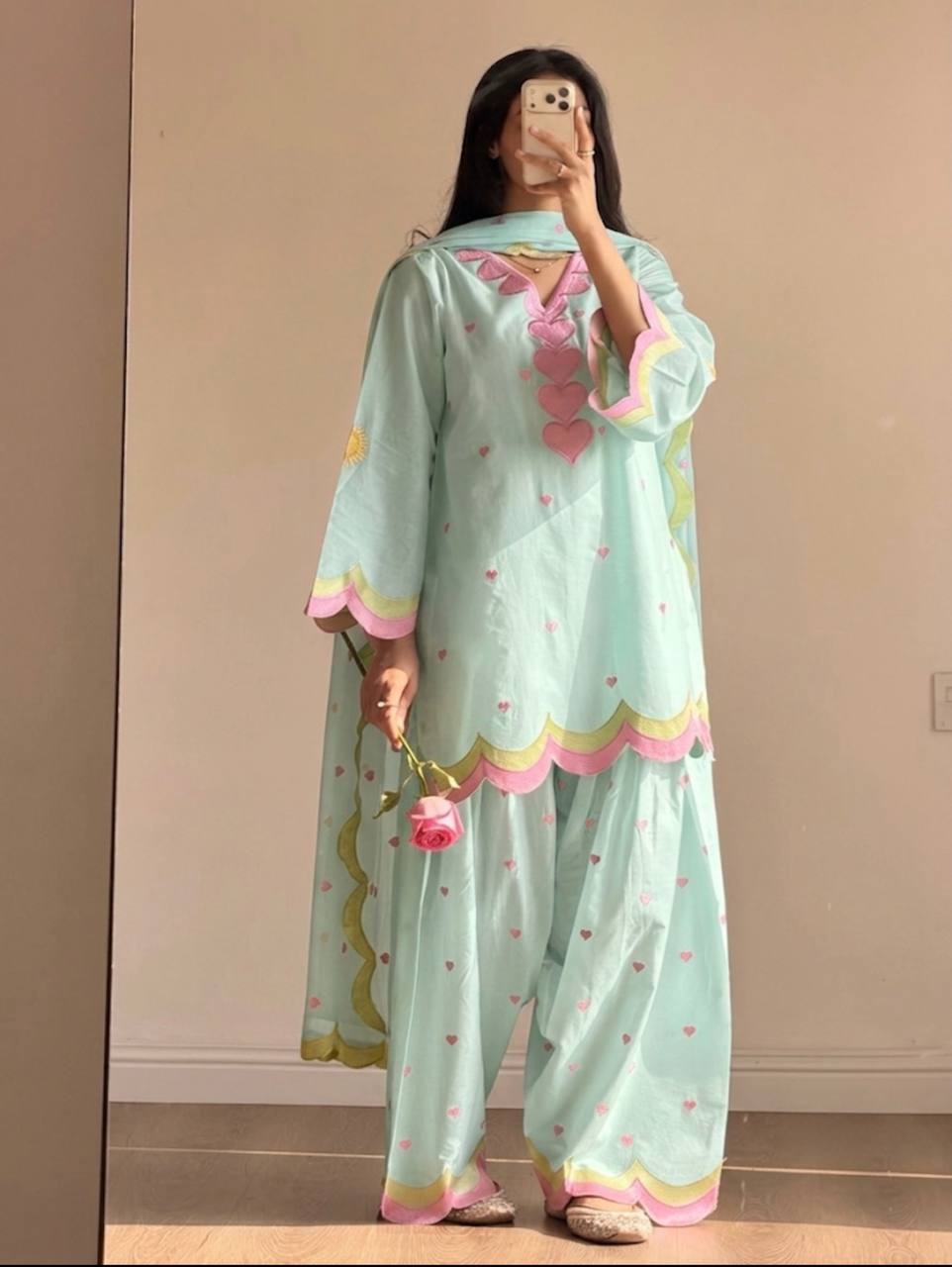 Pastel Mint Blue & Green Embroidery thread Work Farshi Salwar Suit Set