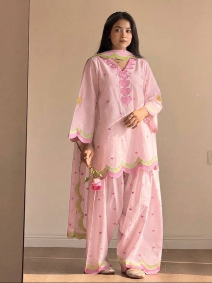 Black Heart Embroidered Thread Work Cotton Farshi Salwar Suit Set