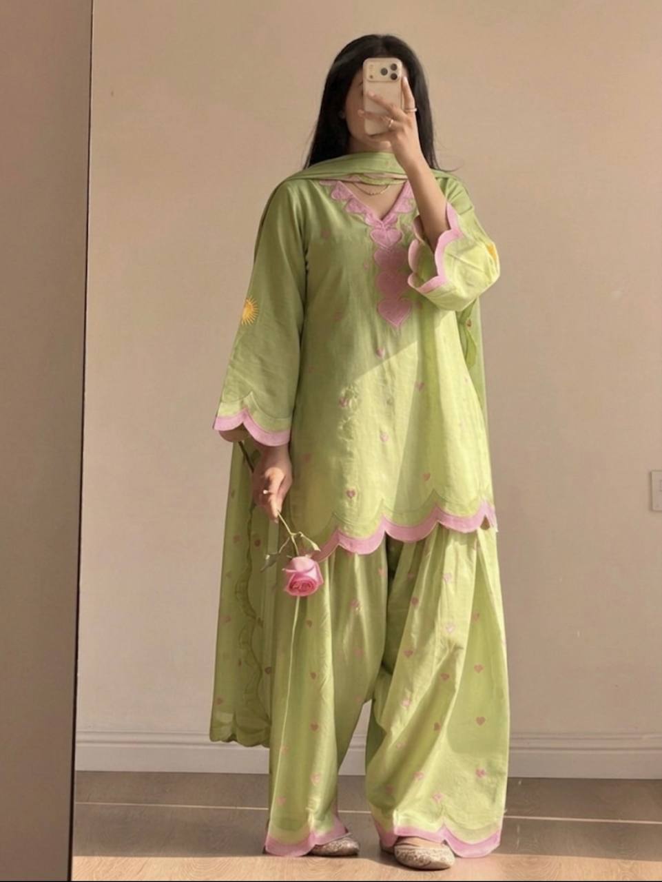 Pastel Mint Blue & Green Embroidery thread Work Farshi Salwar Suit Set