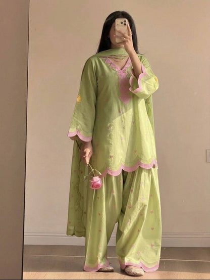 Pastel Mint Blue & Green Embroidery thread Work Farshi Salwar Suit Set