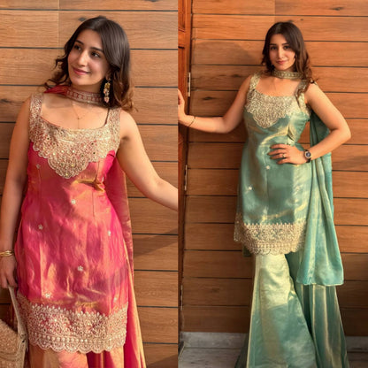 Pink & Aqua Blue Premium Silk Embroidered Straight Kurta with Palazzo & Dupatta Set