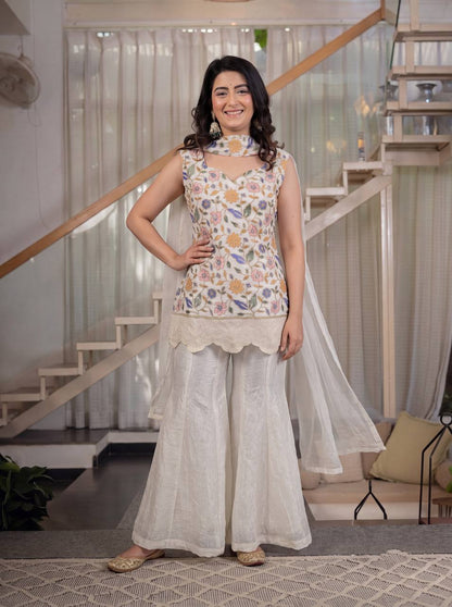Ivory Floral Embroidered Kurta with Palazzo & Dupatta