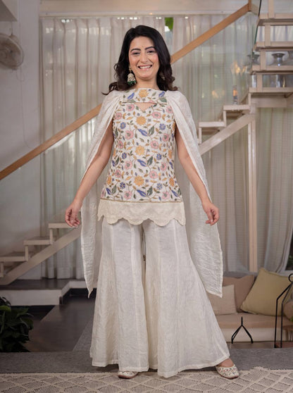 Ivory Floral Embroidered Kurta with Palazzo & Dupatta