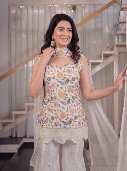 Ivory Floral Embroidered Kurta with Palazzo & Dupatta