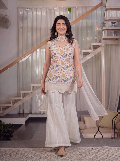 Ivory Floral Embroidered Kurta with Palazzo & Dupatta