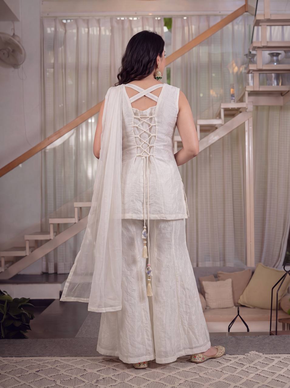 Ivory Floral Embroidered Kurta with Palazzo & Dupatta