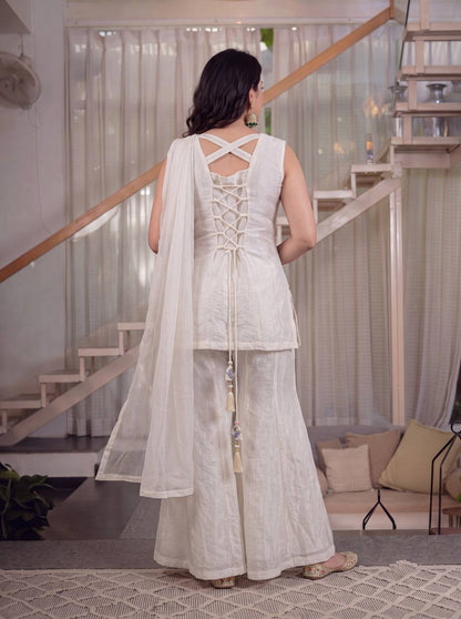 Ivory Floral Embroidered Kurta with Palazzo & Dupatta