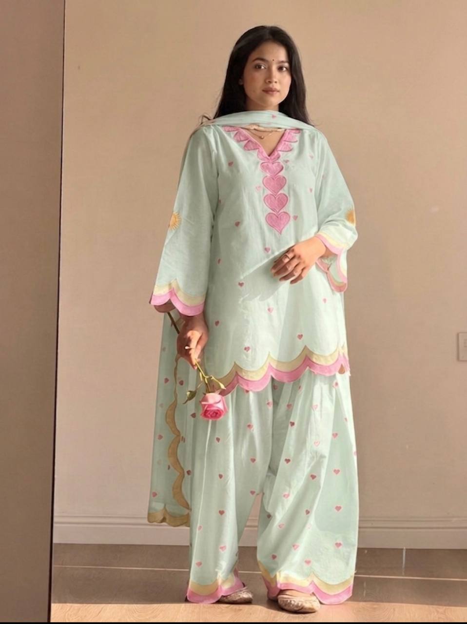 Rani Pink Heart Embroidered Blend Kurta with & Dupatta