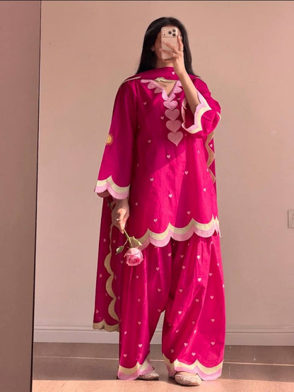 Rani Pink Heart Embroidered Blend Kurta with & Dupatta