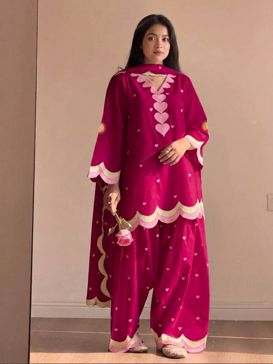 Rani Pink Heart Embroidered Blend Kurta with & Dupatta
