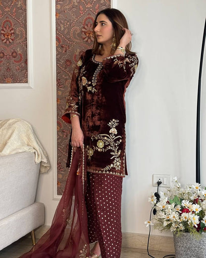 Luxury Maroon Velvet Embroidery Ensemble
