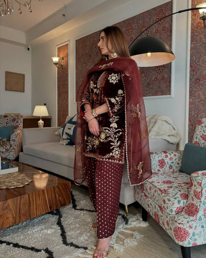 Luxury Maroon Velvet Embroidery Ensemble