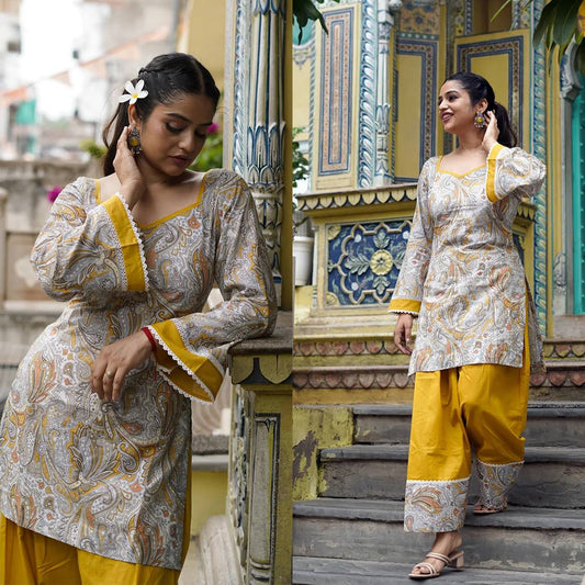 Natural  Embroidered Straight Kurta with Farshi salwar & Dupatta Set.