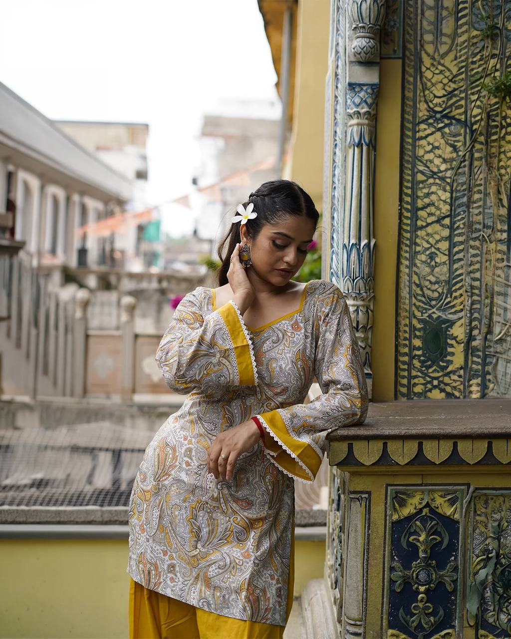 Natural  Embroidered Straight Kurta with Farshi salwar & Dupatta Set.
