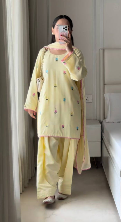 Pastel Yellow Floral Embroidered Kurta withFarshi salwar & Dupatta