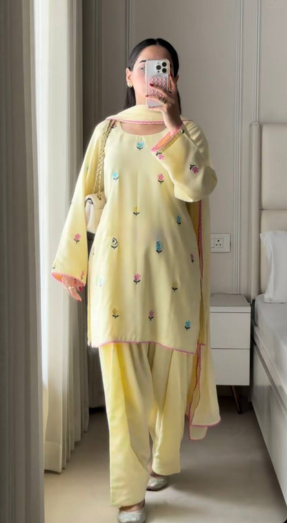 Pastel Yellow Floral Embroidered Kurta withFarshi salwar & Dupatta