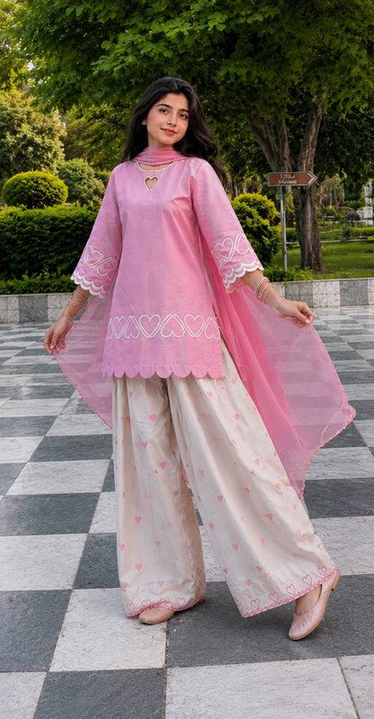 Blush Pink Heart Embroidered Pure Cotton Straight Kurta with Patiala Salwar