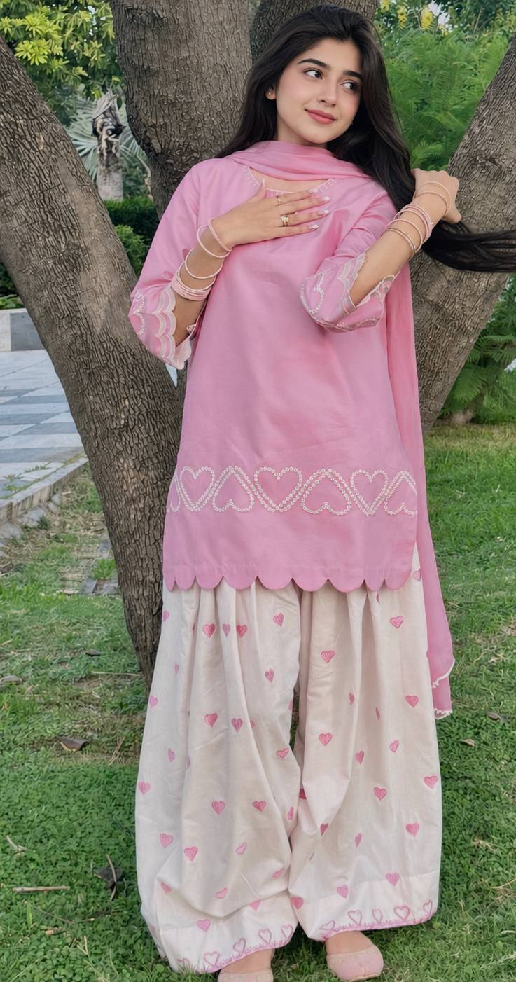 Blush Pink Heart Embroidered Pure Cotton Straight Kurta with Patiala Salwar