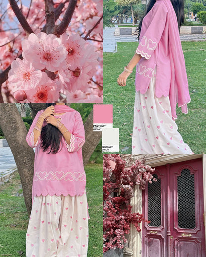 Blush Pink Heart Embroidered Pure Cotton Straight Kurta with Patiala Salwar