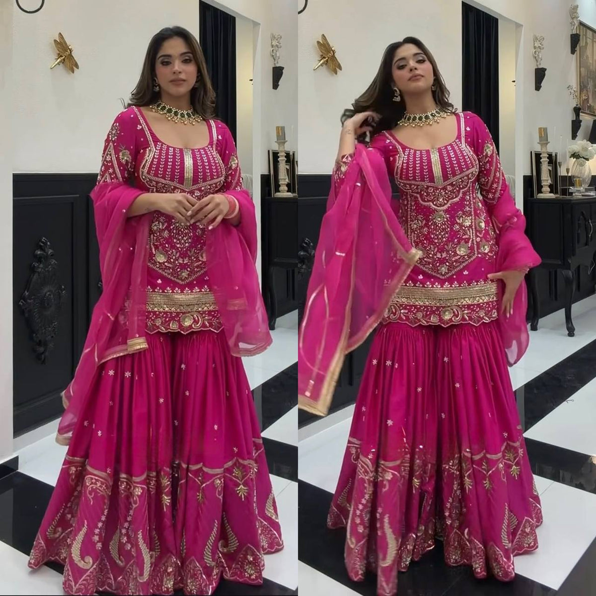 Luxury Rani Pink Embroidered Sharara Suit with Elegant Dupatta Collection