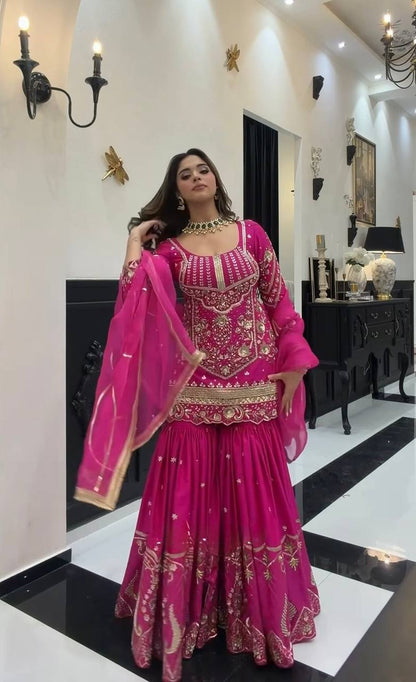 Luxury Rani Pink Embroidered Sharara Suit with Elegant Dupatta Collection